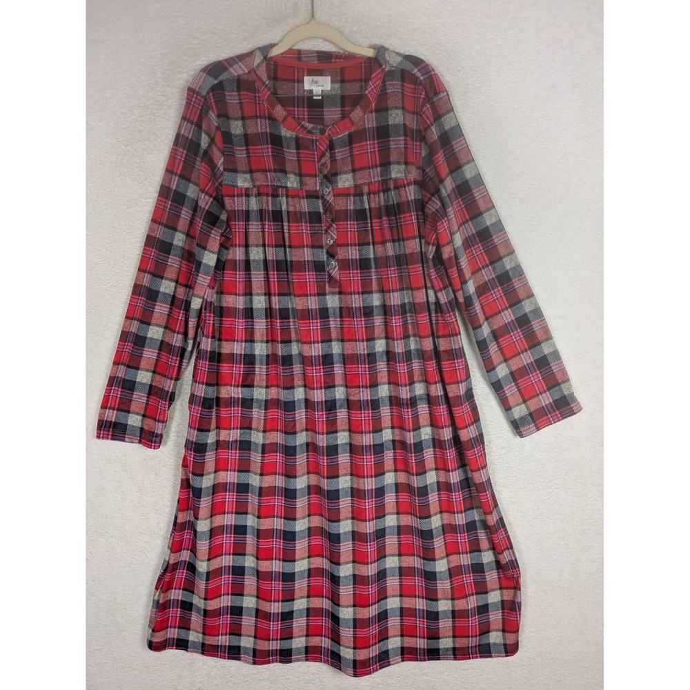 Aria Collection Nightgown Women's Large Red Plaid Henley Long Sleeve Pockets